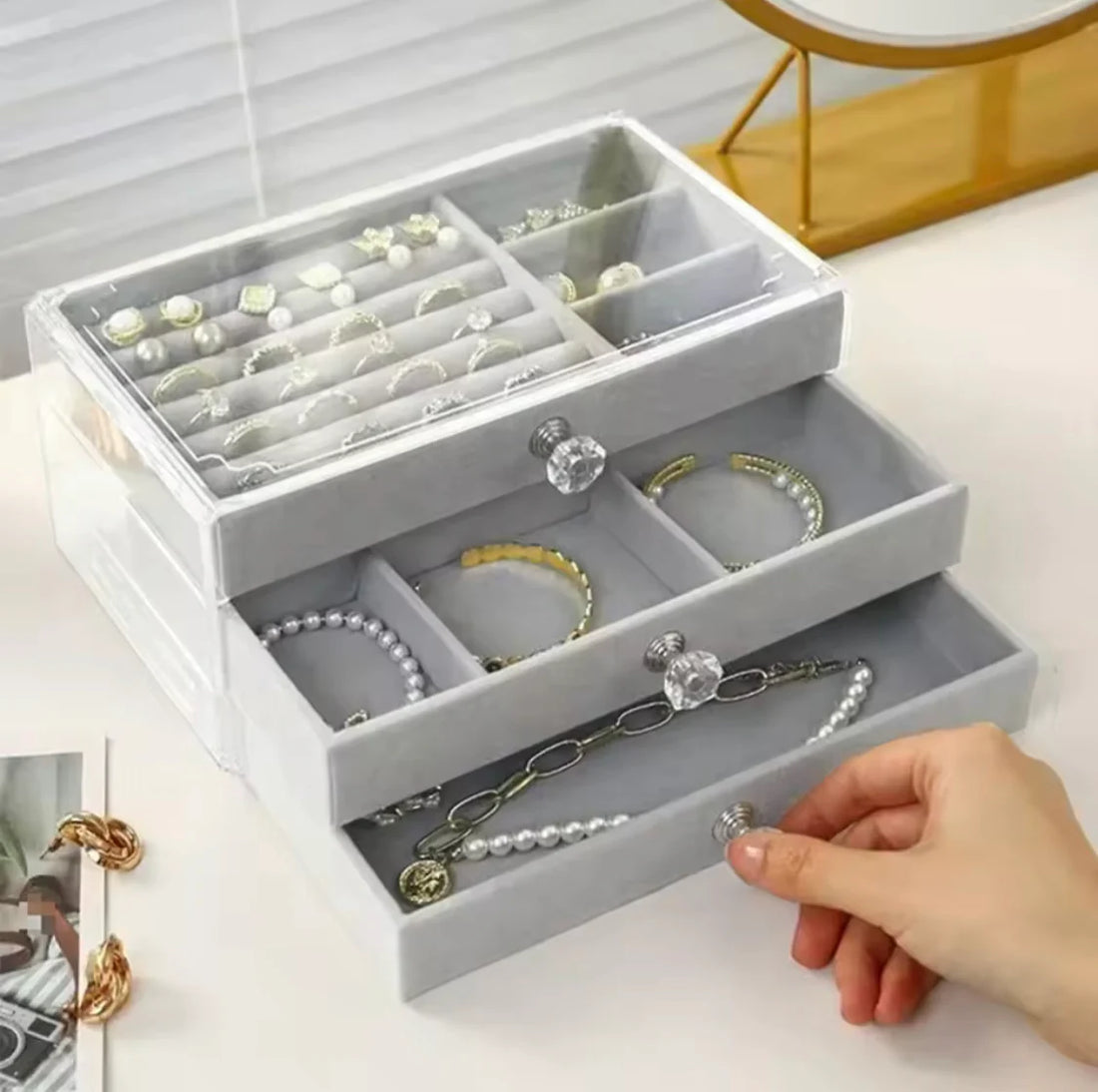 3 Drawers Jewellery Box front view with rings and necklaces