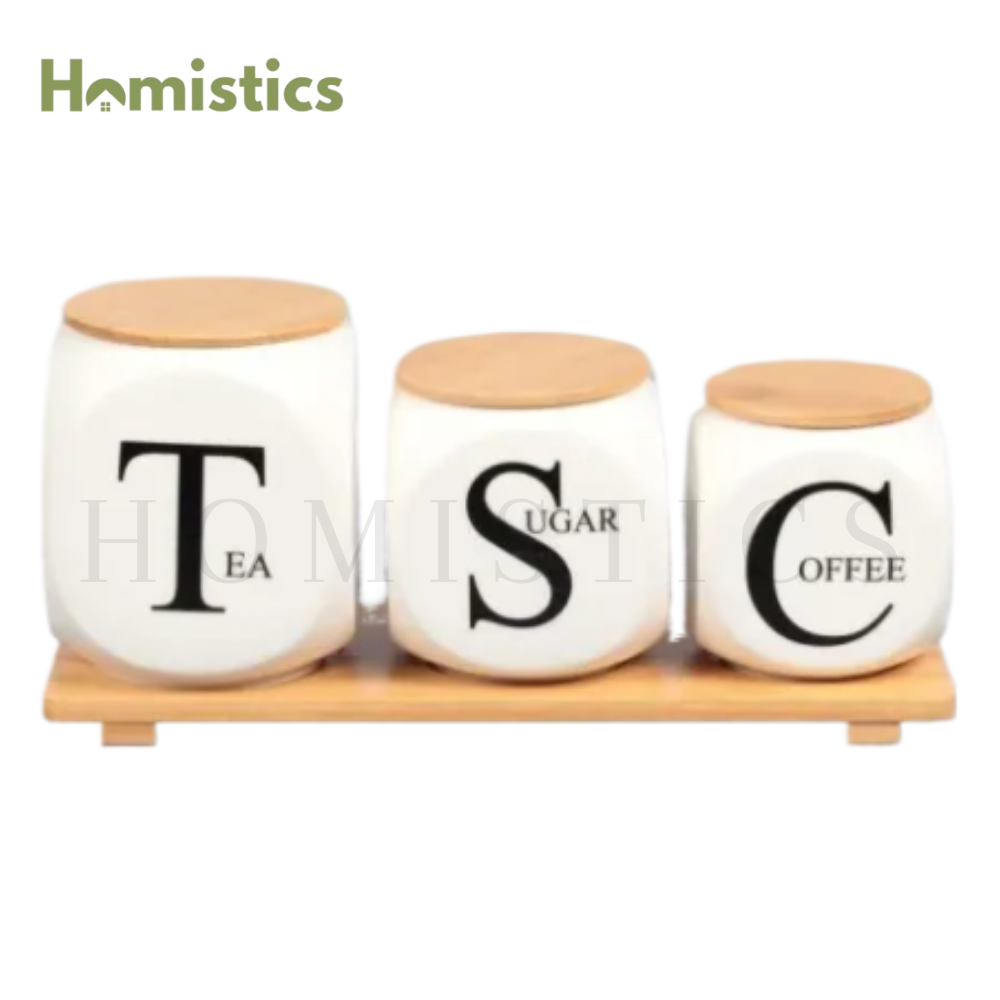 3-Piece Porcelain Air Tight Jar Set With Real Bamboo Wood Stand