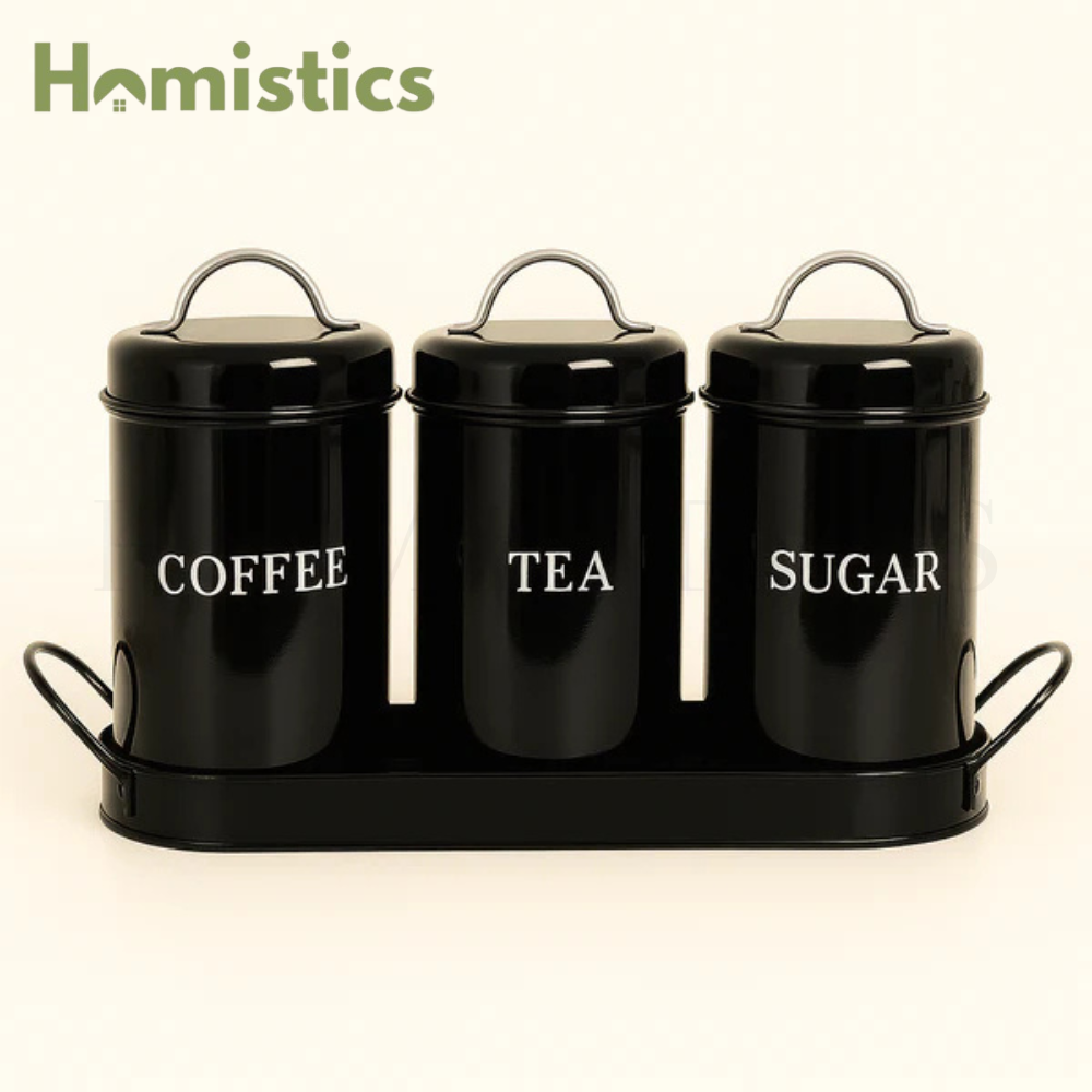 Vintage Retro Metal Jar Set With Tray