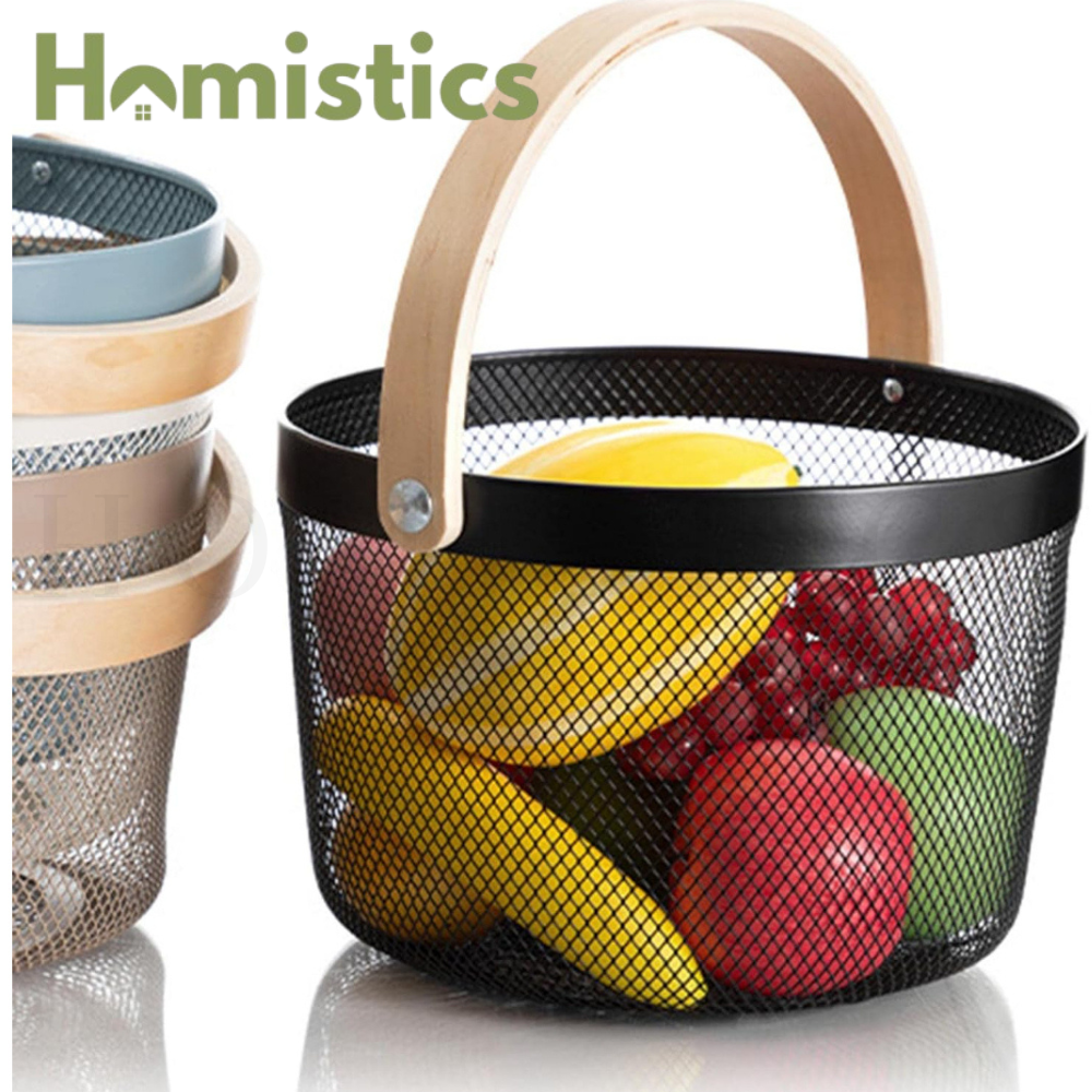 Round Mesh Basket With Wooden Handle