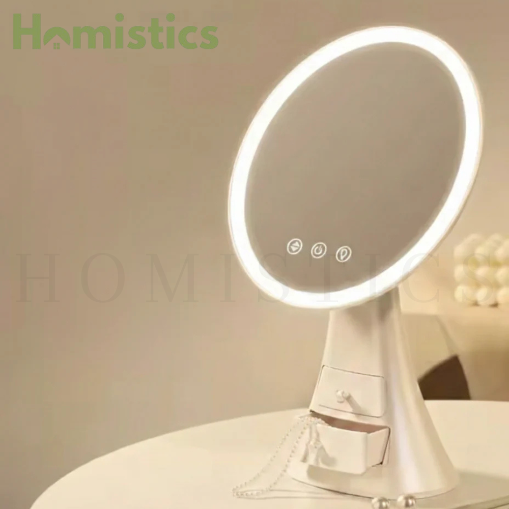 Side Angle View of LED Makeup Mirror with Drawer Stand