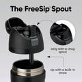Owala FreeSip 32oz black bottle showing straw lid open dual drinking spout