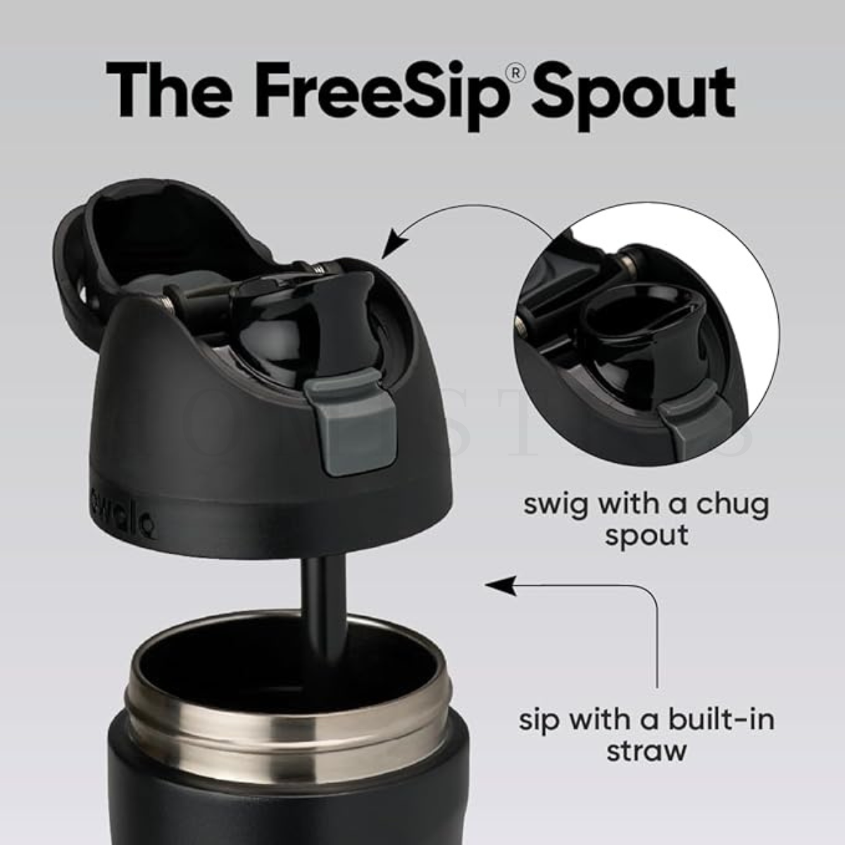Owala FreeSip 32oz black bottle showing straw lid open dual drinking spout