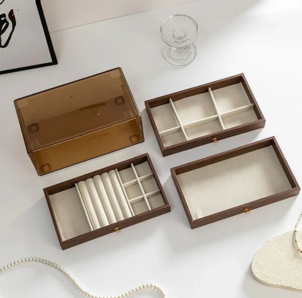 Luxury 3 layer wooden jewelry organizer box with glass display and velvet compartments for rings bangles and necklaces