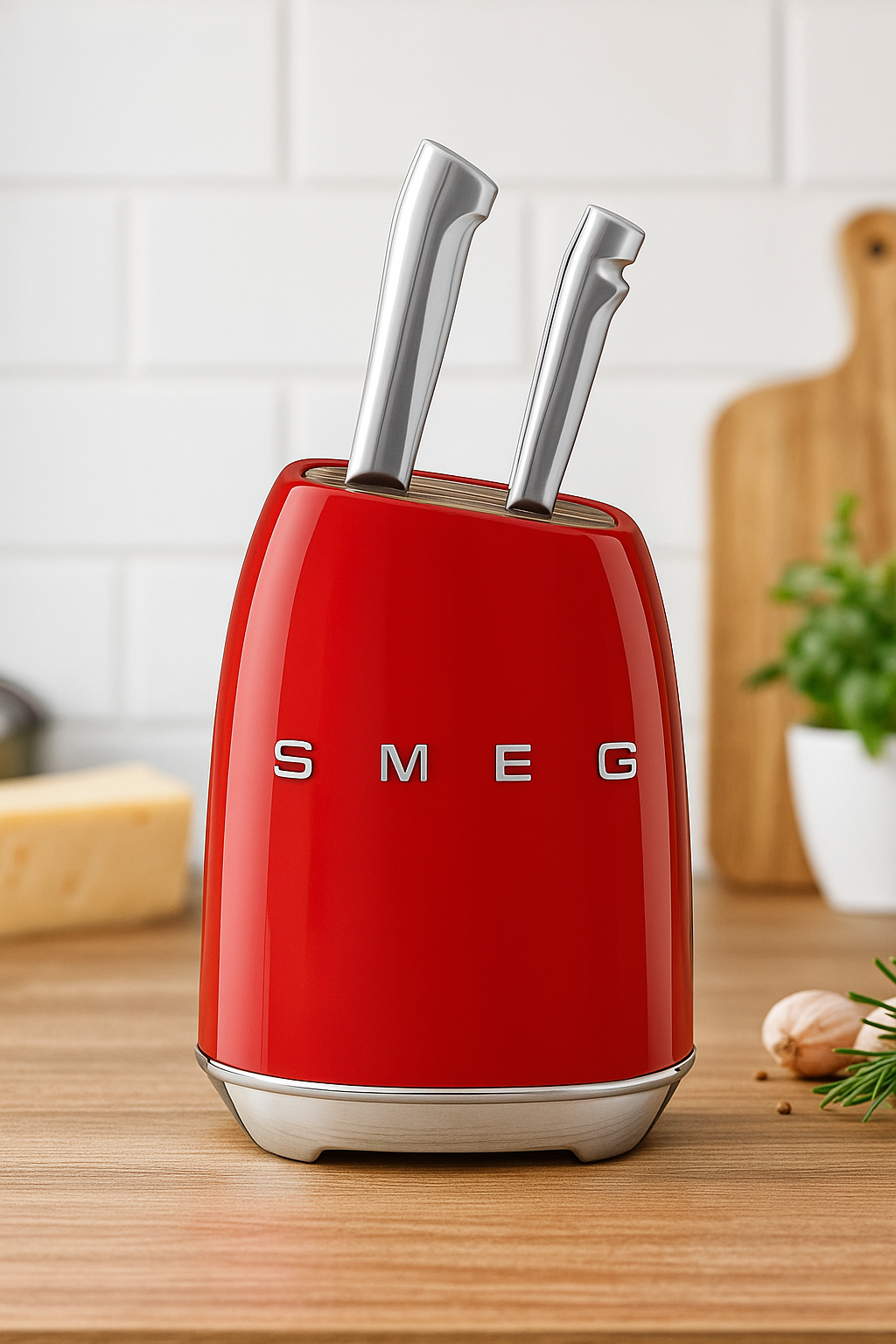 red SMEG knife block stainless steel knives