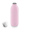 Pink water bottle with silver cap on a white background