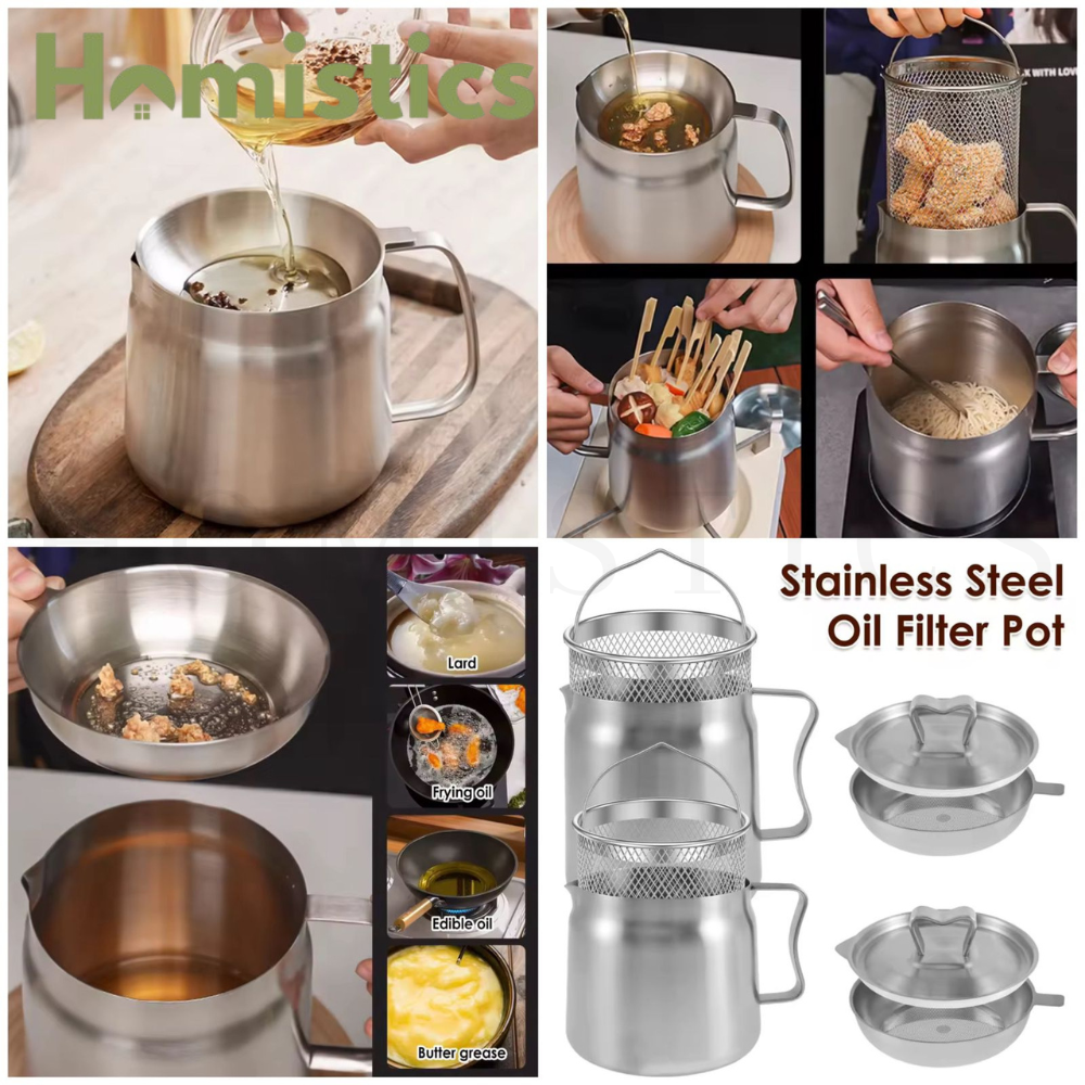 Stainless Steel Oil Storage Container with Lid and Strainer